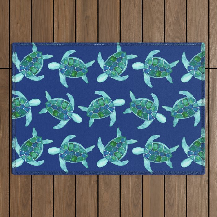 Save the Sea Turtles |Watercolor Blue Green| Renee Davis Outdoor Rug Gallery Image 1