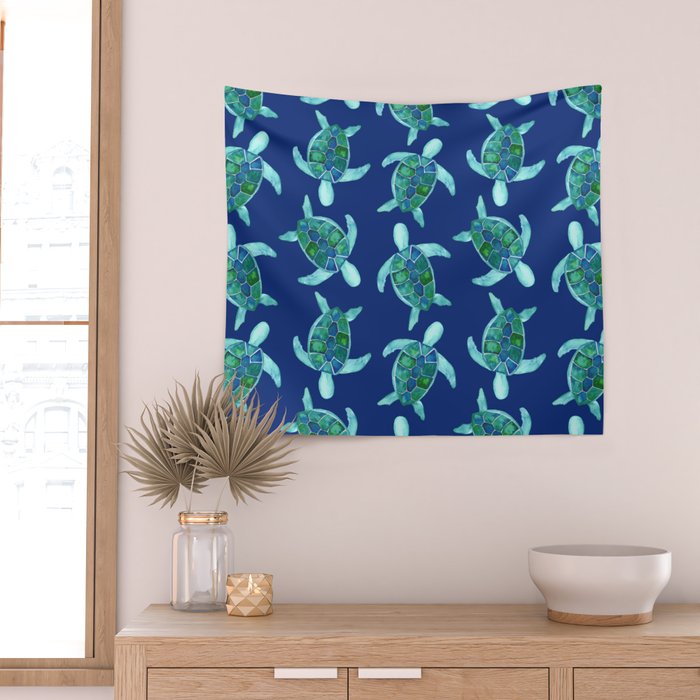 Save the Sea Turtles |Watercolor Blue Green| Renee Davis Wall Tapestry Gallery Image 2
