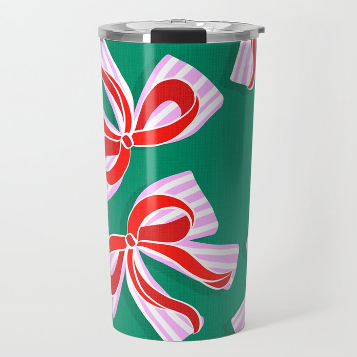 Retro Kitsch Christmas Ribbons on Stripy Bows - Red and Green Travel Mug Gallery Image 1