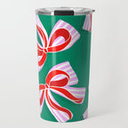 Retro Kitsch Christmas Ribbons on Stripy Bows - Red and Green Travel Mug Gallery Image 1