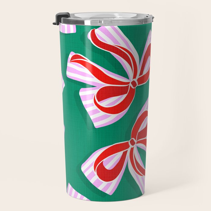 Retro Kitsch Christmas Ribbons on Stripy Bows - Red and Green Travel Mug Gallery Image 3