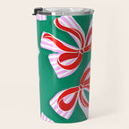 Retro Kitsch Christmas Ribbons on Stripy Bows - Red and Green Travel Mug Gallery Image 3