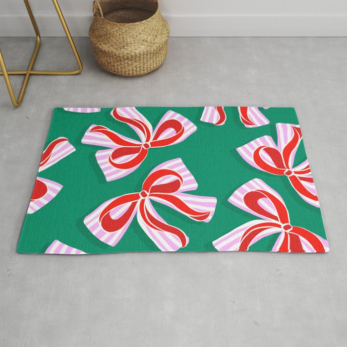 Retro Kitsch Christmas Ribbons on Stripy Bows - Red and Green Rug Gallery Image 1