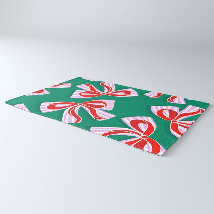 Retro Kitsch Christmas Ribbons on Stripy Bows - Red and Green Rug Gallery Image 3