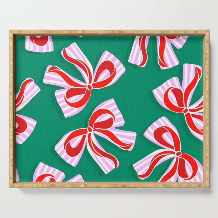 Retro Kitsch Christmas Ribbons on Stripy Bows - Red and Green Serving Tray Gallery Image 1