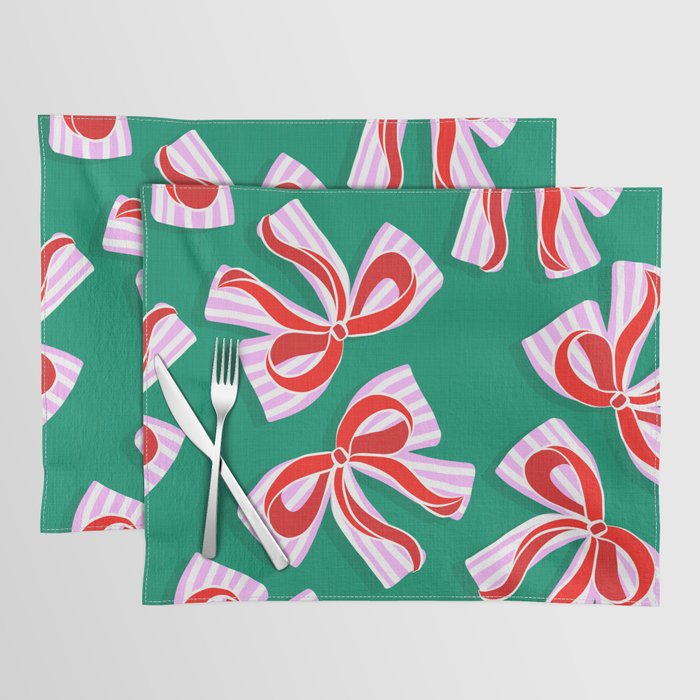 Retro Kitsch Christmas Ribbons on Stripy Bows - Red and Green Placemat Gallery Image 1