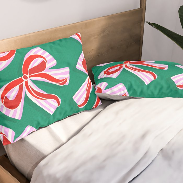 Retro Kitsch Christmas Ribbons on Stripy Bows - Red and Green Pillow Sham Gallery Image 2