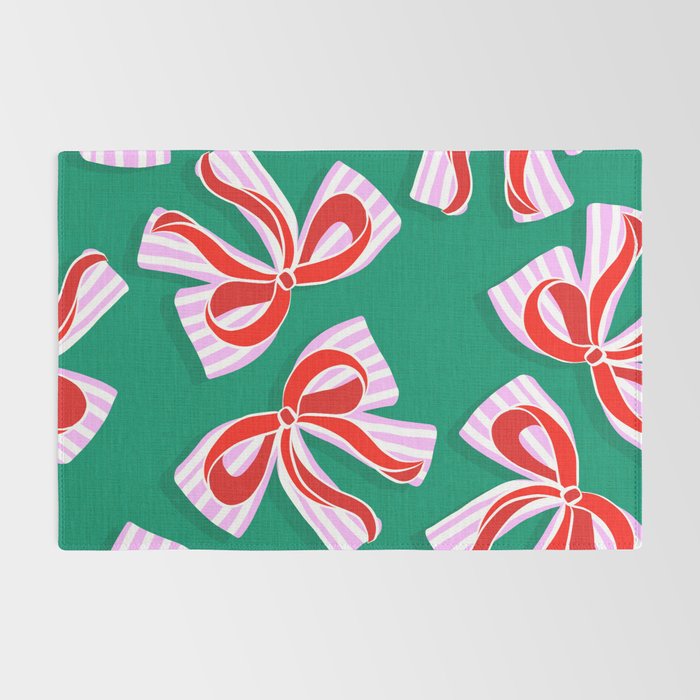 Retro Kitsch Christmas Ribbons on Stripy Bows - Red and Green Rug Gallery Image 2
