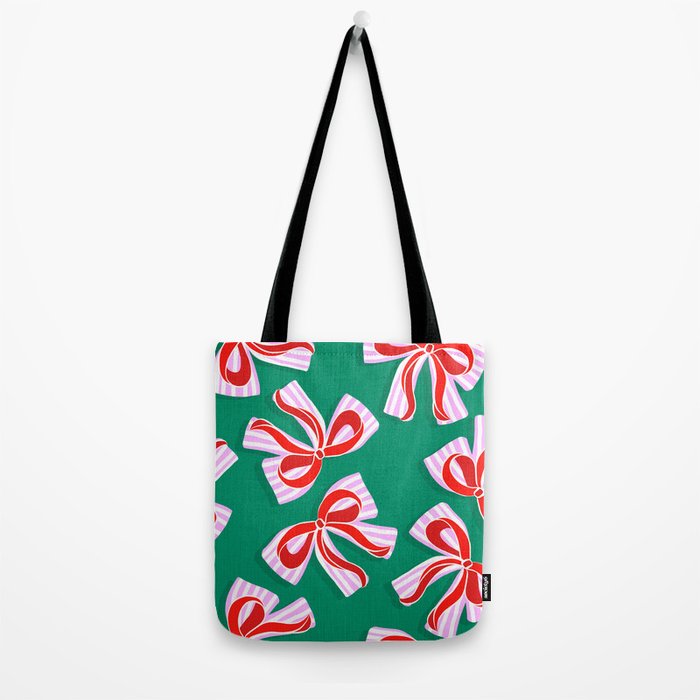Retro Kitsch Christmas Ribbons on Stripy Bows - Red and Green Tote Bag Gallery Image 2