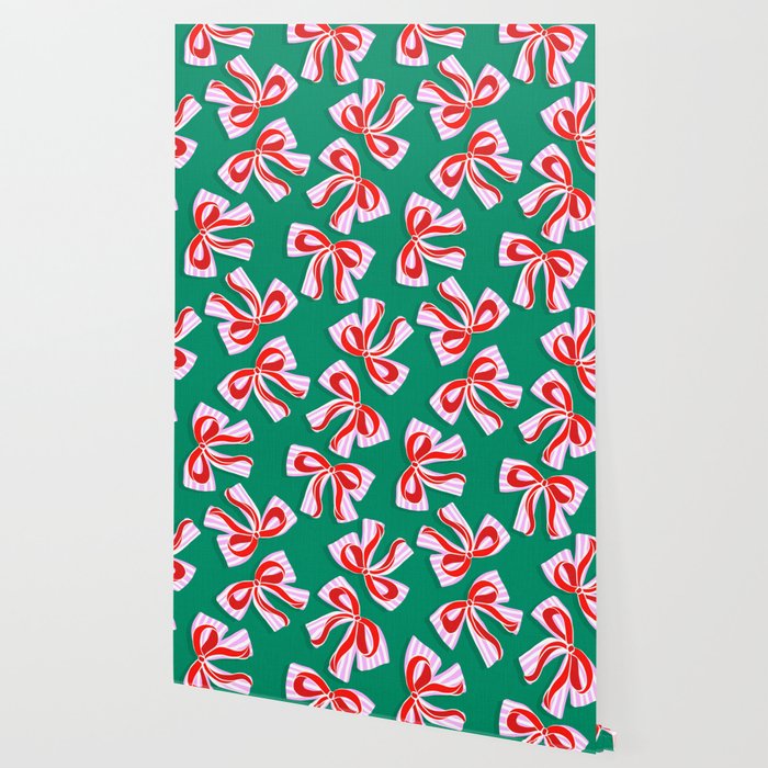 Retro Kitsch Christmas Ribbons on Stripy Bows - Red and Green Wallpaper Gallery Image 2