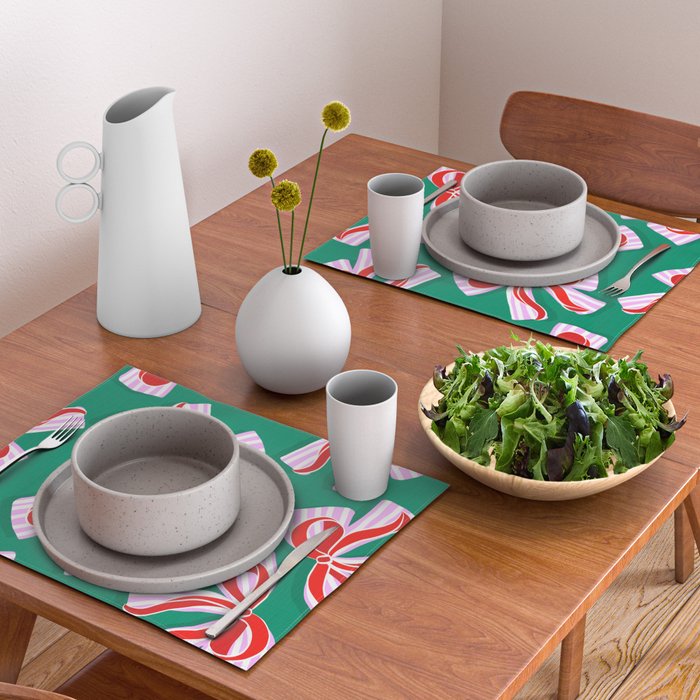 Retro Kitsch Christmas Ribbons on Stripy Bows - Red and Green Placemat Gallery Image 2