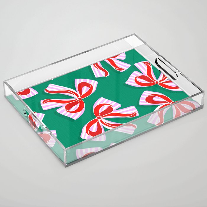 Retro Kitsch Christmas Ribbons on Stripy Bows - Red and Green Acrylic Tray Gallery Image 1