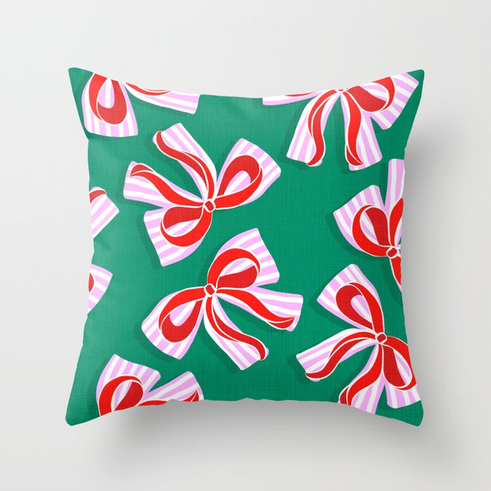 Retro Kitsch Christmas Ribbons on Stripy Bows - Red and Green Throw Pillow Gallery Image 1
