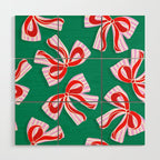 Retro Kitsch Christmas Ribbons on Stripy Bows - Red and Green Wood Wall Art Gallery Image 1