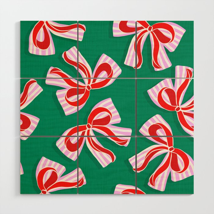Retro Kitsch Christmas Ribbons on Stripy Bows - Red and Green Wood Wall Art Gallery Image 1