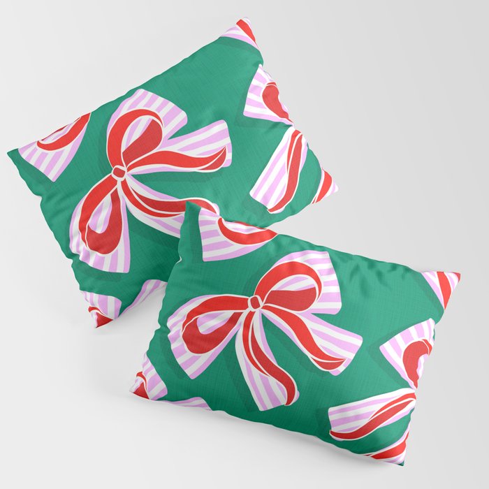 Retro Kitsch Christmas Ribbons on Stripy Bows - Red and Green Pillow Sham Gallery Image 1