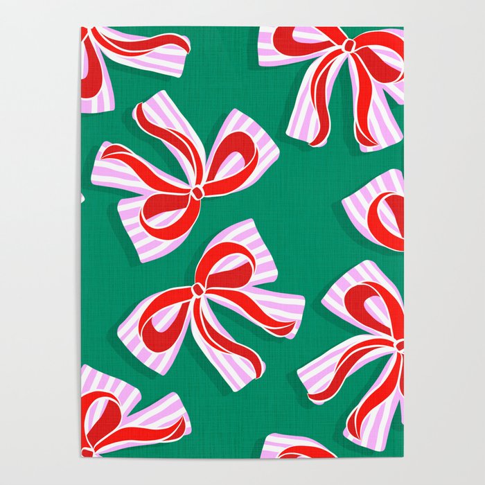Retro Kitsch Christmas Ribbons on Stripy Bows - Red and Green Poster Gallery Image 1