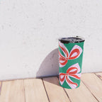 Retro Kitsch Christmas Ribbons on Stripy Bows - Red and Green Travel Mug Gallery Image 4