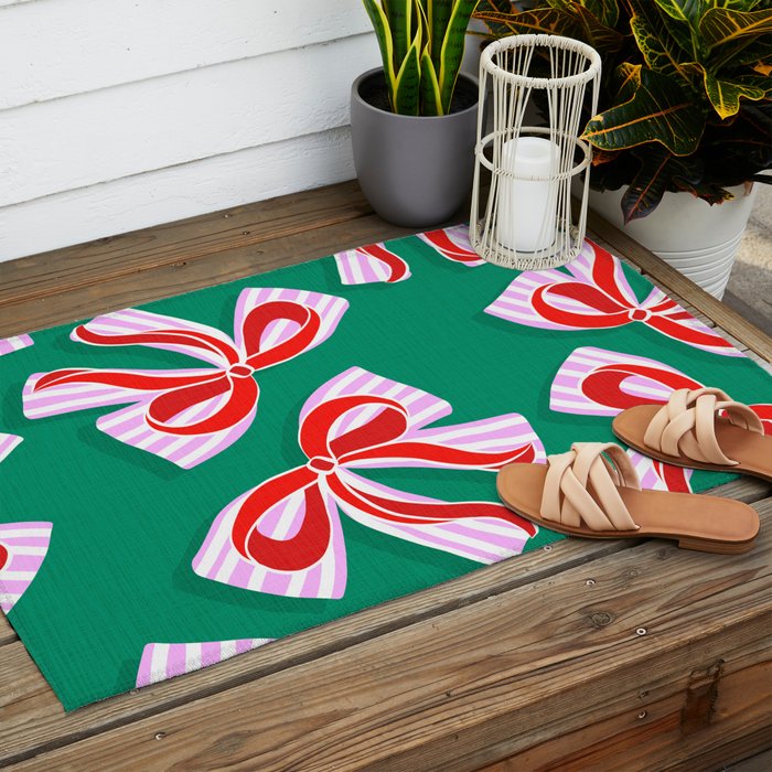 Retro Kitsch Christmas Ribbons on Stripy Bows - Red and Green Outdoor Rug Gallery Image 2