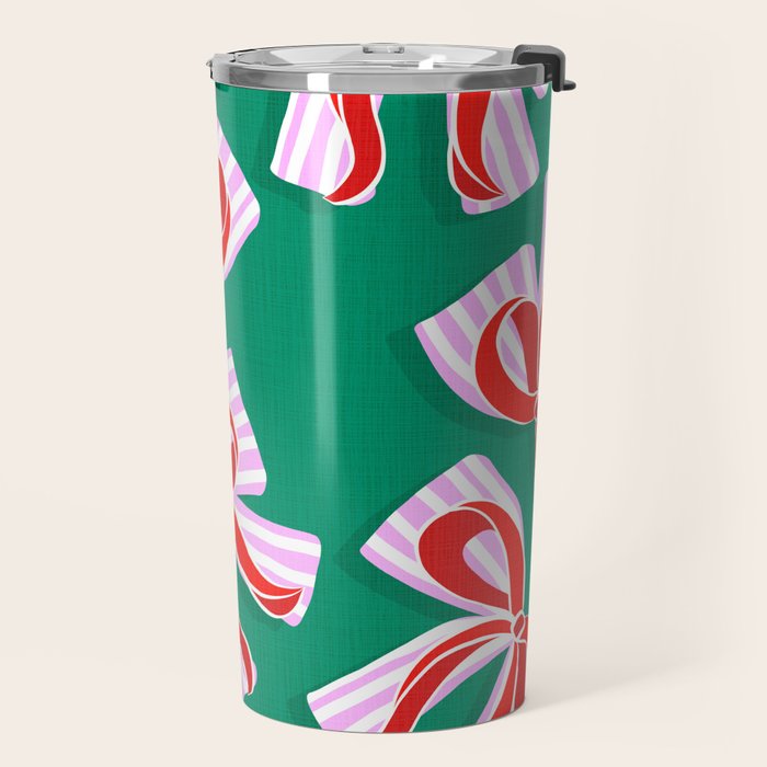 Retro Kitsch Christmas Ribbons on Stripy Bows - Red and Green Travel Mug Gallery Image 2
