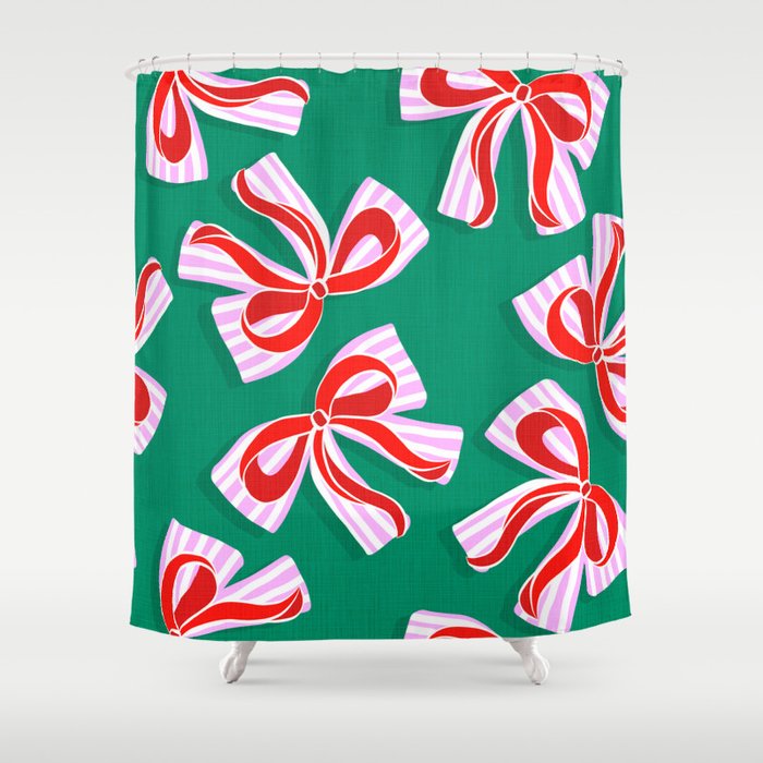 Retro Kitsch Christmas Ribbons on Stripy Bows - Red and Green Shower Curtain Gallery Image 1