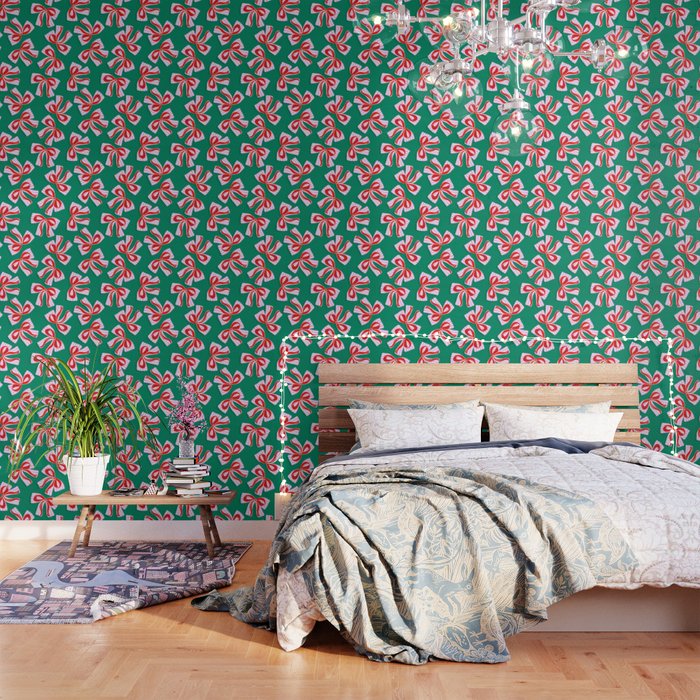 Retro Kitsch Christmas Ribbons on Stripy Bows - Red and Green Wallpaper Gallery Image 3