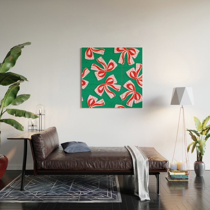 Retro Kitsch Christmas Ribbons on Stripy Bows - Red and Green Wood Wall Art Gallery Image 2