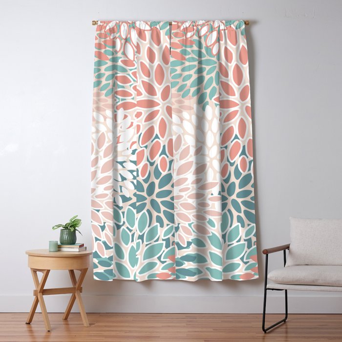 Festive, Floral Prints, Teal, Peach, Coral Window Curtain Gallery Image 5