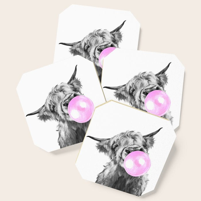Bubble Gum Highland Cow Black and White Coaster Gallery Image 1