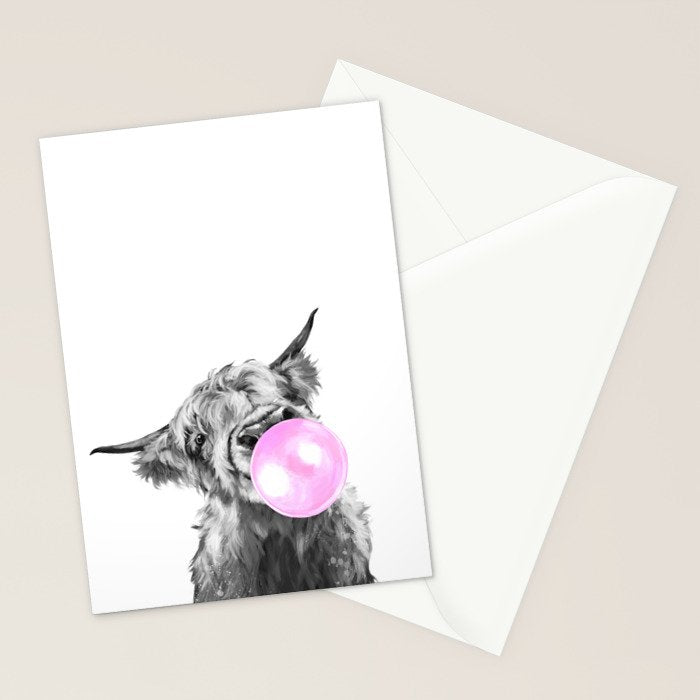 Bubble Gum Highland Cow Black and White Stationery Card Gallery Image 2