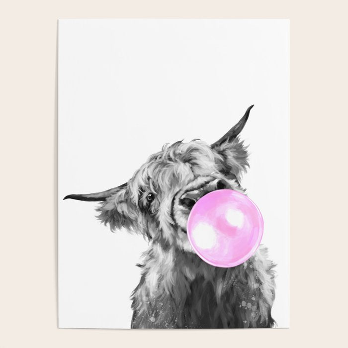 Bubble Gum Highland Cow Black and White Poster Gallery Image 1