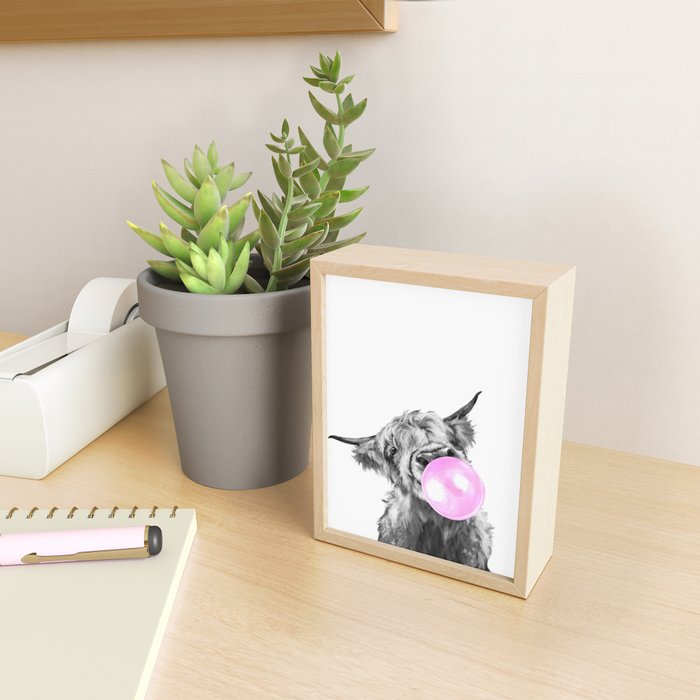 Bubble Gum Highland Cow Black and White Mini Art Print Gallery Image 2