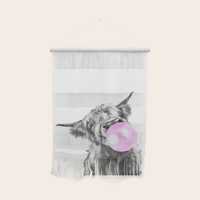 Bubble Gum Highland Cow Black and White Wall Hanging Gallery Image 1