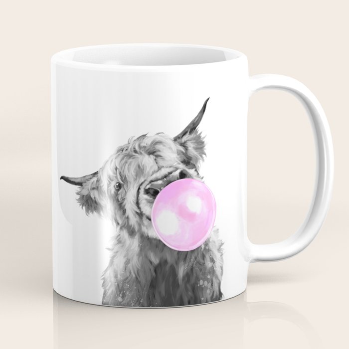 Bubble Gum Highland Cow Black and White Coffee Mug Gallery Image 1