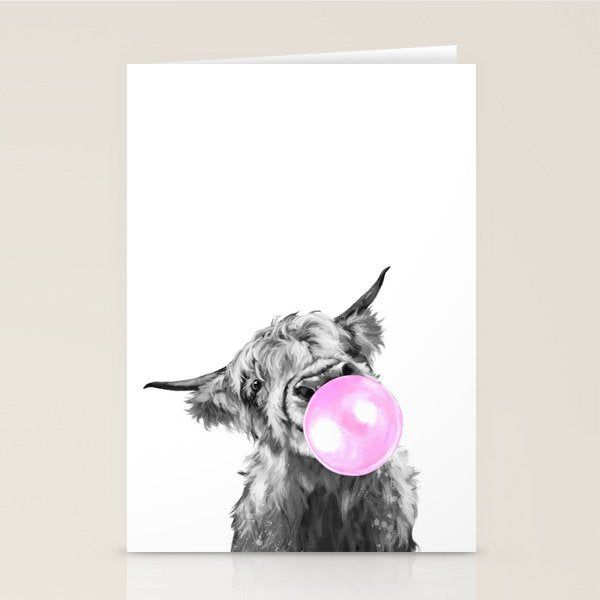 Bubble Gum Highland Cow Black and White Stationery Card Gallery Image 1