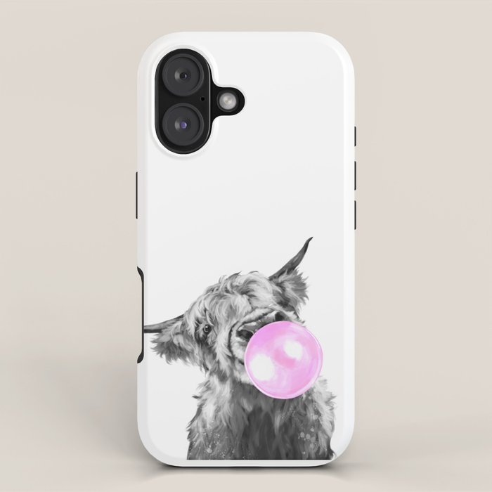 Bubble Gum Highland Cow Black and White iPhone Case Gallery Image 1