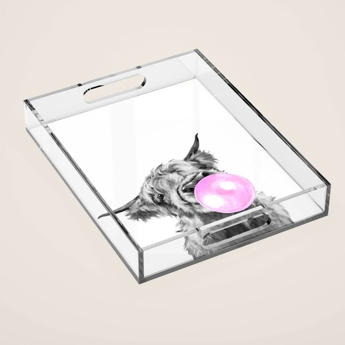 Bubble Gum Highland Cow Black and White Acrylic Tray Gallery Image 1