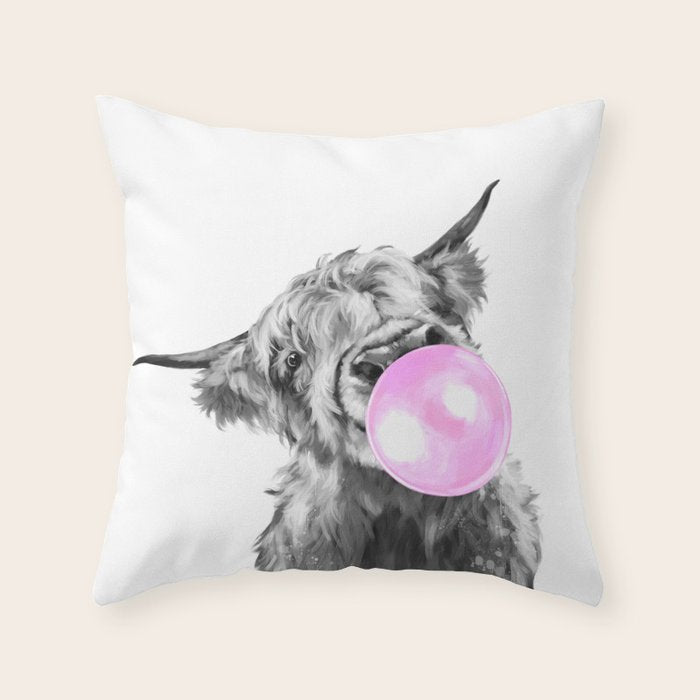 Bubble Gum Highland Cow Black and White Throw Pillow Gallery Image 1