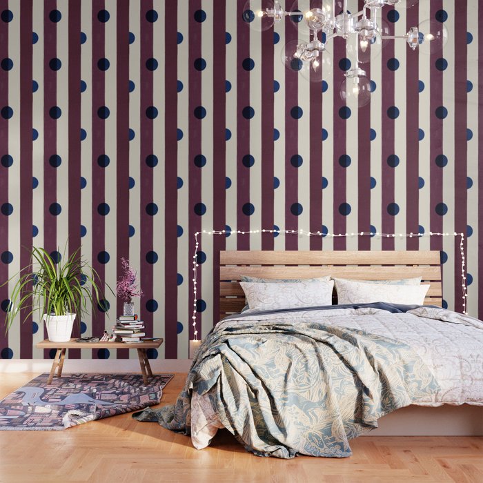 Burgundy Stripes and Navy Dots Modern Pattern Wallpaper Gallery Image 1