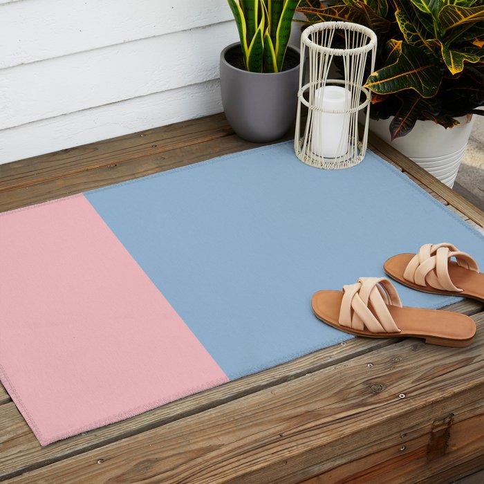 Minimalist Color Block Cuffed Solid in Pastel Light Blue and Baby Pink Outdoor Rug Gallery Image 2