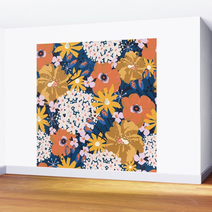 Flowers Hydrangena Poppy Blue Pattern Wall Mural Gallery Image 2