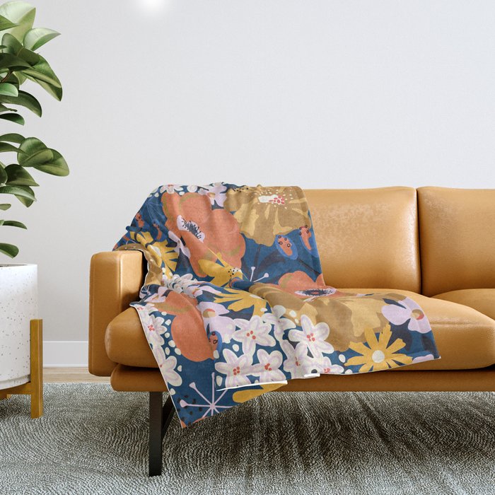 Flowers Hydrangena Poppy Blue Pattern Throw Blanket Gallery Image 1