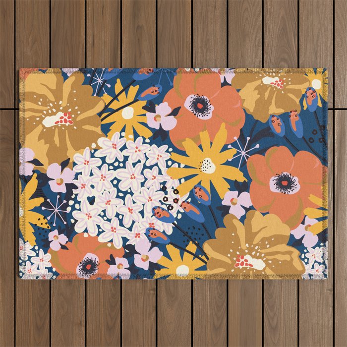Flowers Hydrangena Poppy Blue Pattern Outdoor Rug Gallery Image 1
