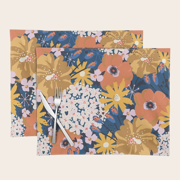 Flowers Hydrangena Poppy Blue Pattern Placemat Gallery Image 1