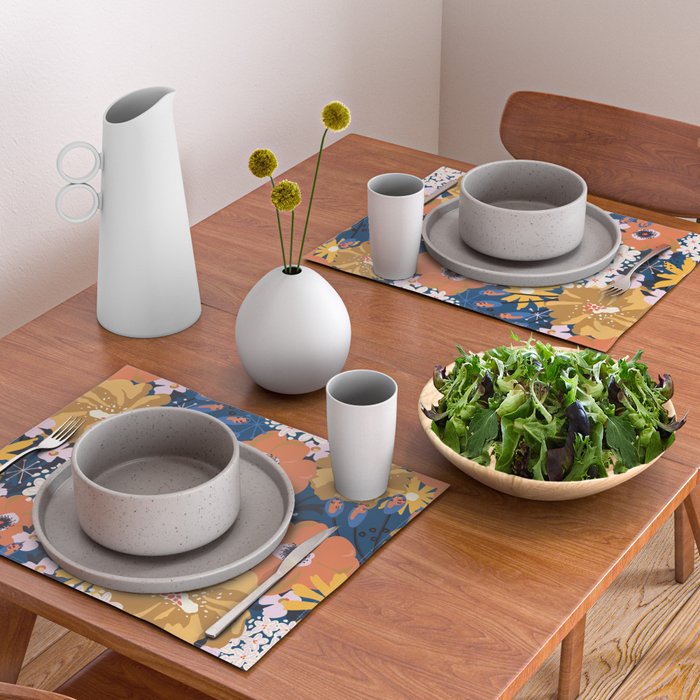 Flowers Hydrangena Poppy Blue Pattern Placemat Gallery Image 2