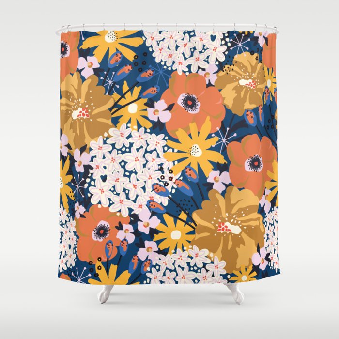Flowers Hydrangena Poppy Blue Pattern Shower Curtain Gallery Image 1