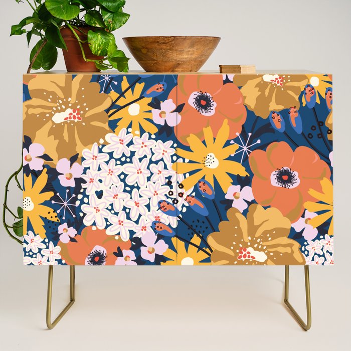 Flowers Hydrangena Poppy Blue Pattern Credenza Gallery Image 1