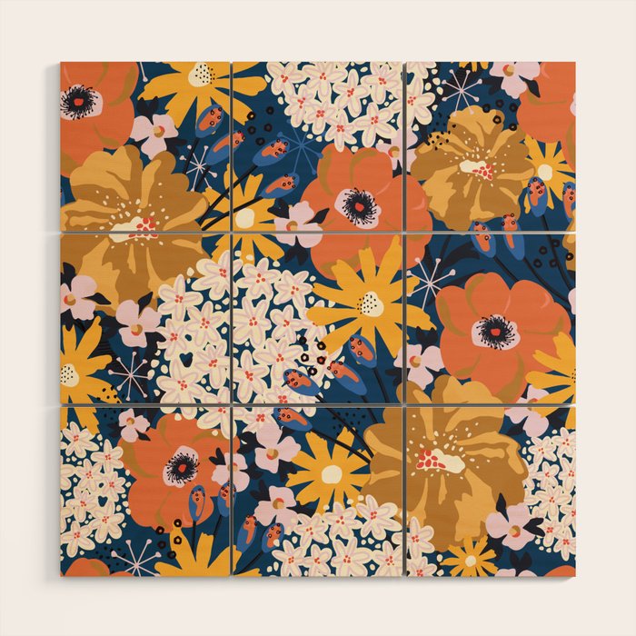 Flowers Hydrangena Poppy Blue Pattern Wood Wall Art Gallery Image 1