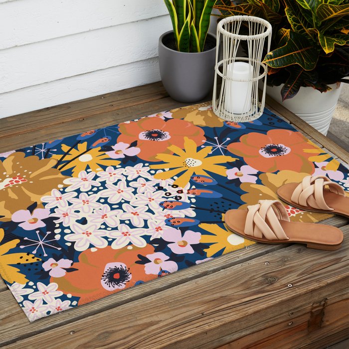 Flowers Hydrangena Poppy Blue Pattern Outdoor Rug Gallery Image 2