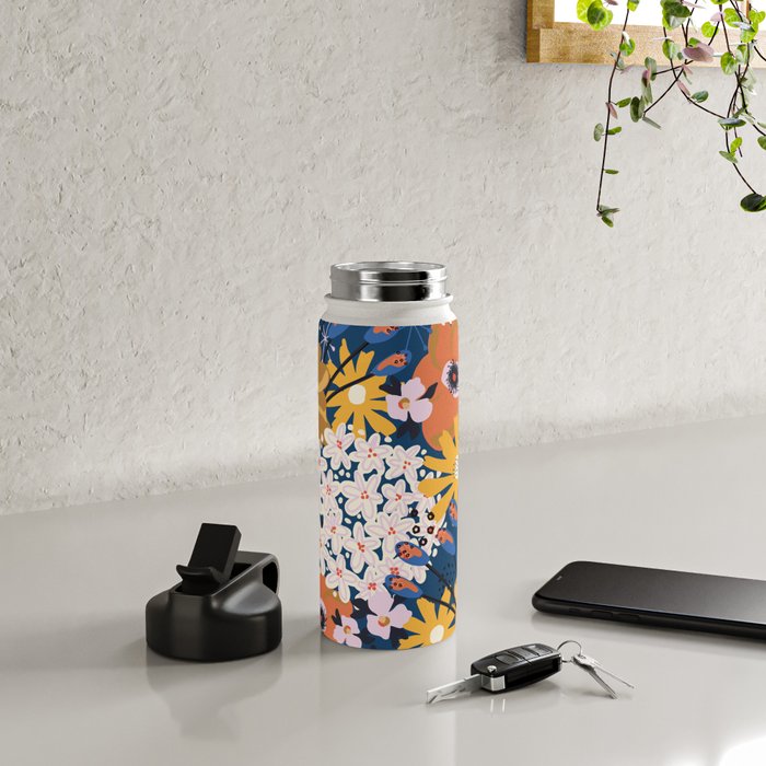 Flowers Hydrangena Poppy Blue Pattern Water Bottle Gallery Image 4